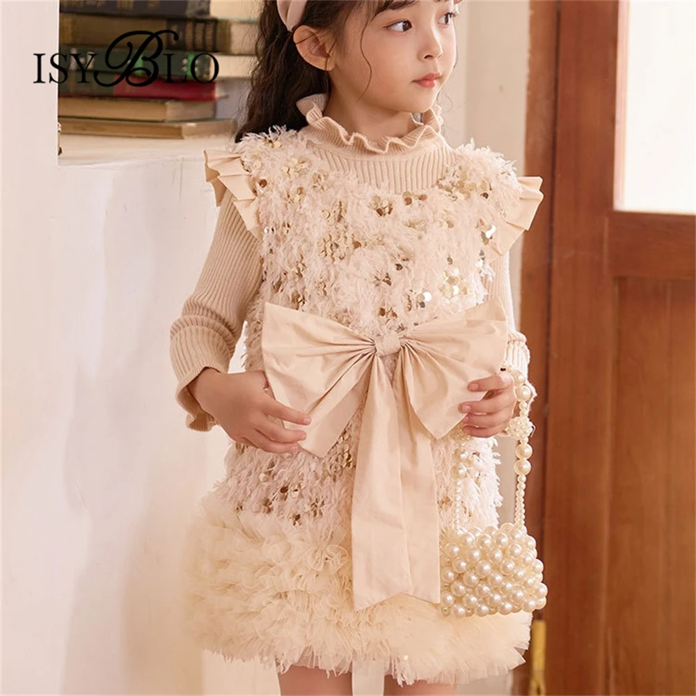 Sequined Dress for Chidren with Bow Beige Tutu Dresses from for Girls from 90-130cm Tall Real Images Christmas Party Gowns