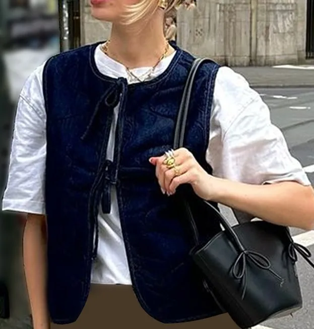 New Fashion Womens Quilted Vest Plaid V Neck Front Tie-Up Sleeveless Jacket For Fall Winter Streetwear Hot Sale S M L