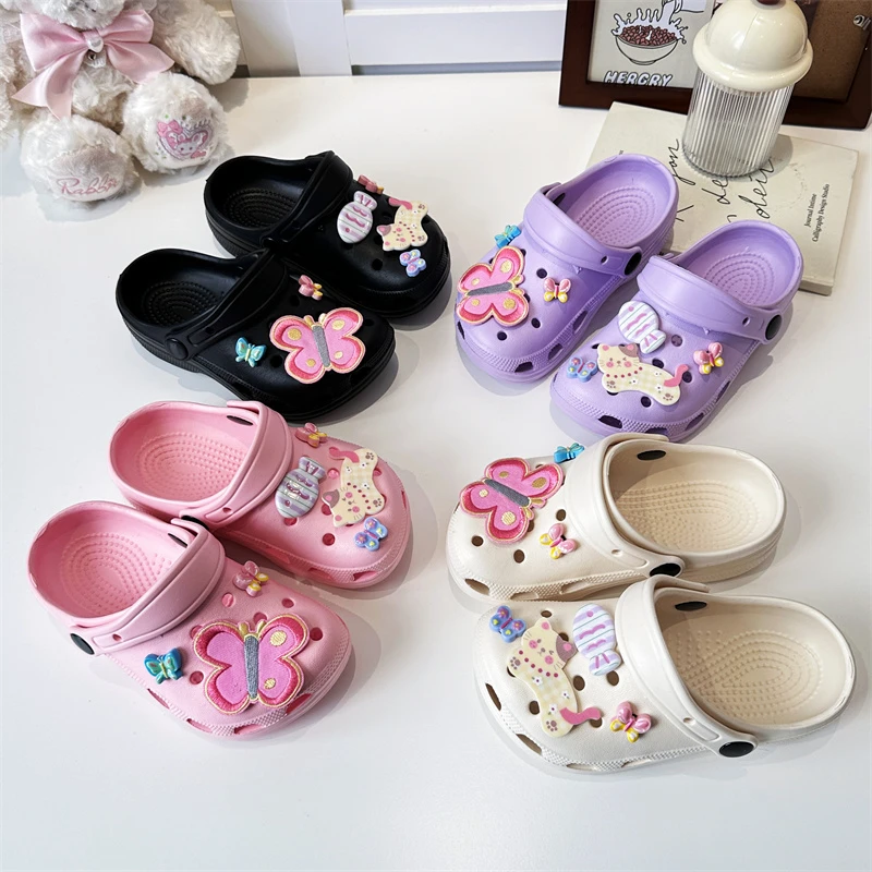 

Kids Girls Cute Butterfly & Cat Decorated Clogs, Colorful EVA Sandals with Removable Strap, Non-slip Sole for Summer Play