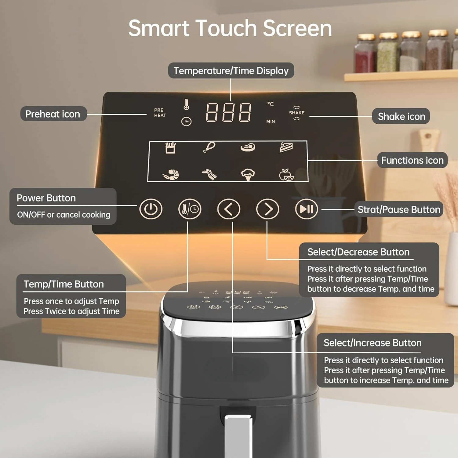 Freidoras de aire 4 Qt, 9 programas de cocina inteligentes personalizables, freidora de aire compacta, recordatorio de vibración, potente cocina sin aceite de 1550W, Temper