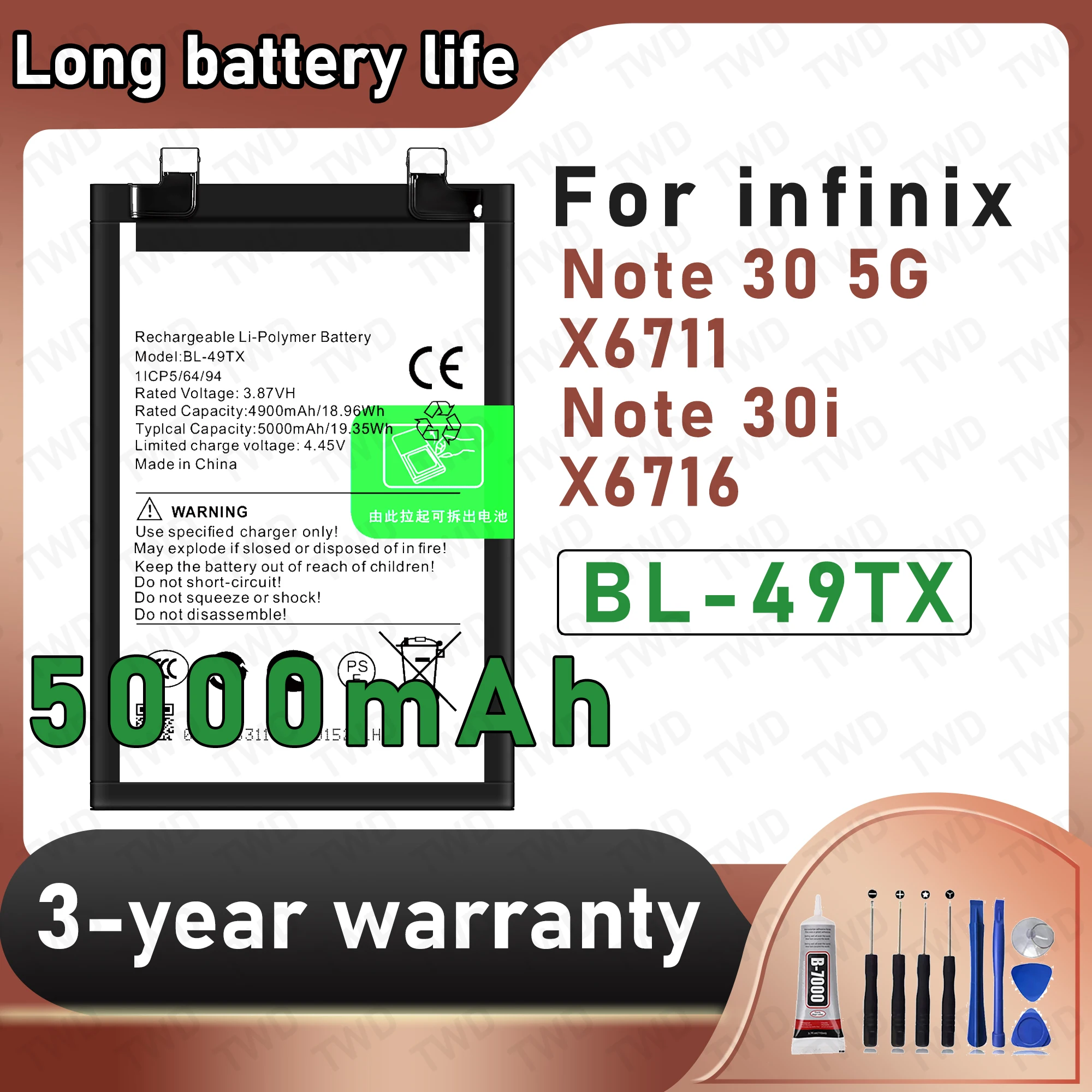 

BL-49TX Large capacity Battery For infinix Note 30 5G/Note 30i Batteries New High Quanlity+Free Tool