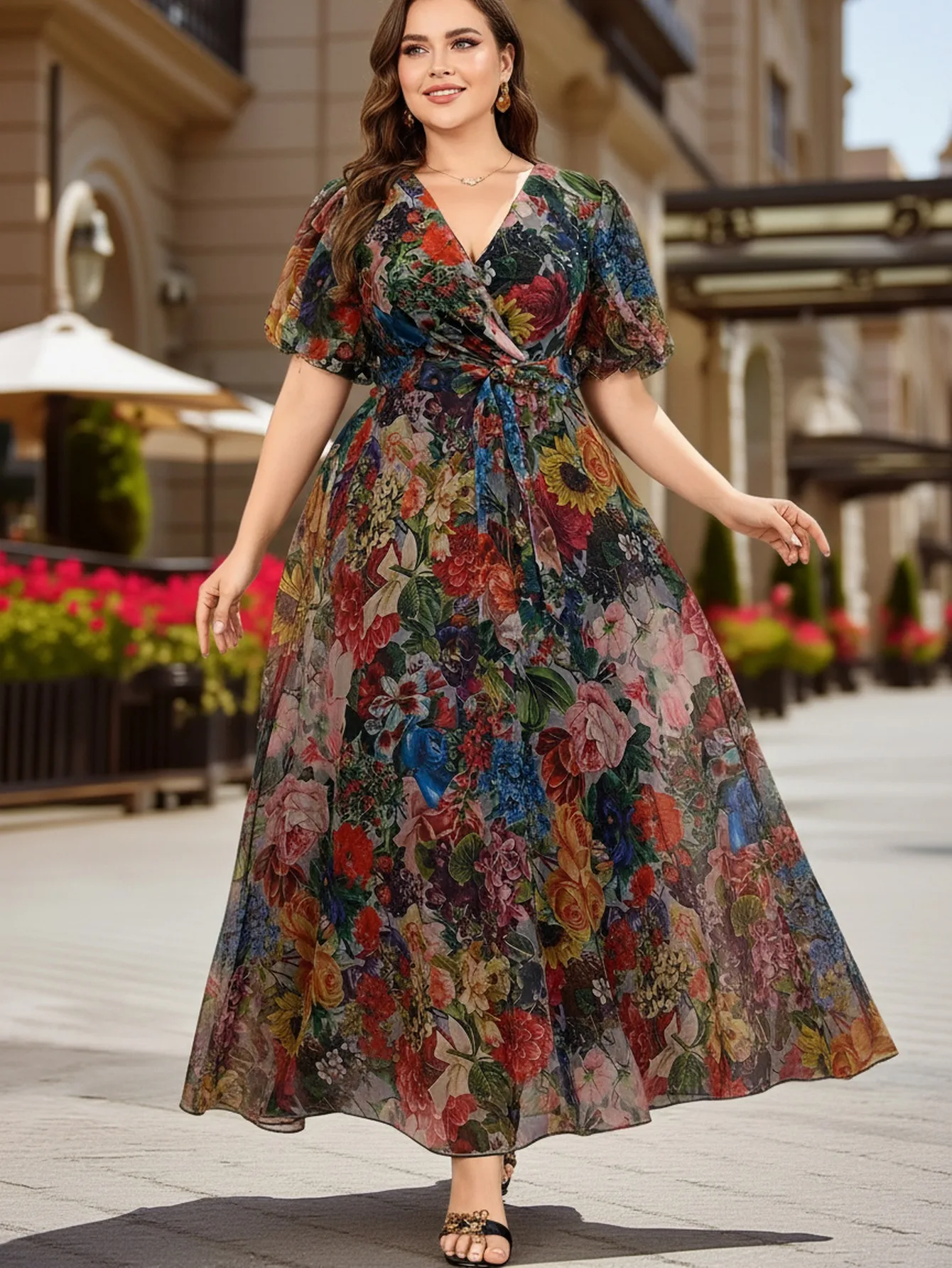 

Women V Neck Puff Sleeve Wrap Waist Floral Maxi Dress For Vacation Dating And Casual Party Occasions
