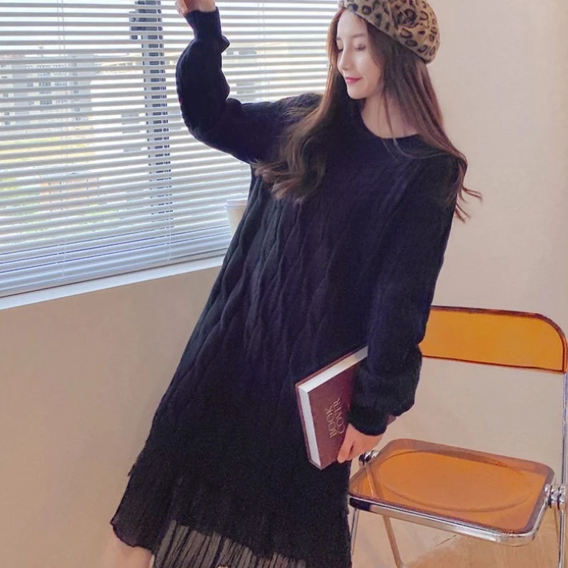 

Lace Splicing Loose Women's Crochet Dresses Plain New In Elegant Luxury High Quality Full Sleeve A Line Y2k Female Knit Dress