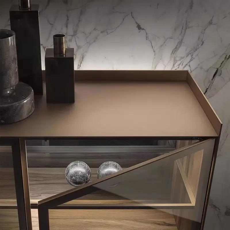 Italian Minimalist TV Cabinet Designer Villa Living Room Solid Wood HD Glass Wall-mounted Sideboard