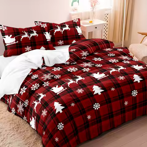 3pcs Down Elk Snowflake Christmas Theme Square Grid Quilt Cover Set Soft Microfiber Checkered Bedding Bedroom Decor