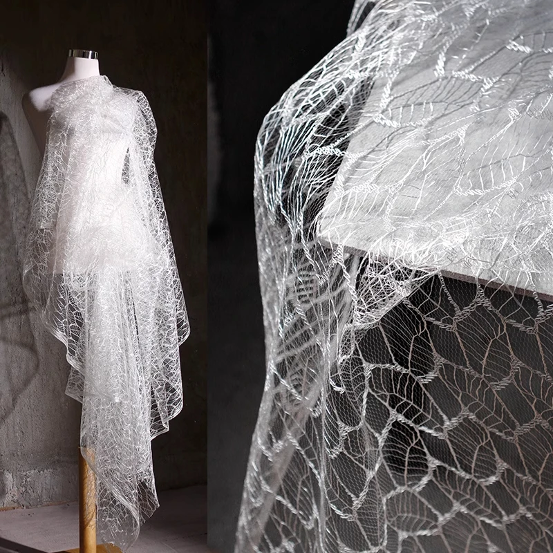 

6 Meters Solid Color Thin Soft Tree Leaves Texture Mesh Gauze Fabric Stretch Lace Clothing Designer Fabric
