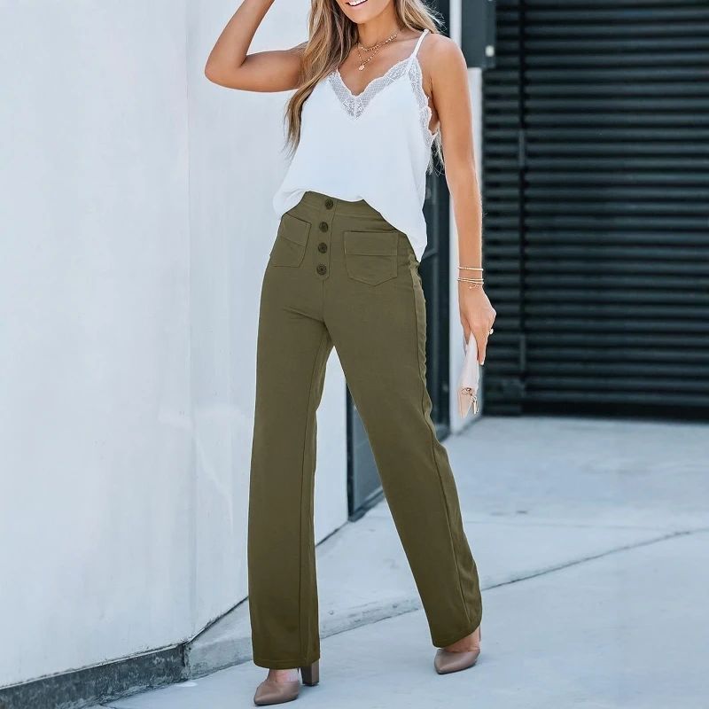 بنطلون نسائي كاجوال عالي الخصر مستقيم الساق من Faion مع أزرار خصر مرنة بتفاصيل ألياف البوليستر #1