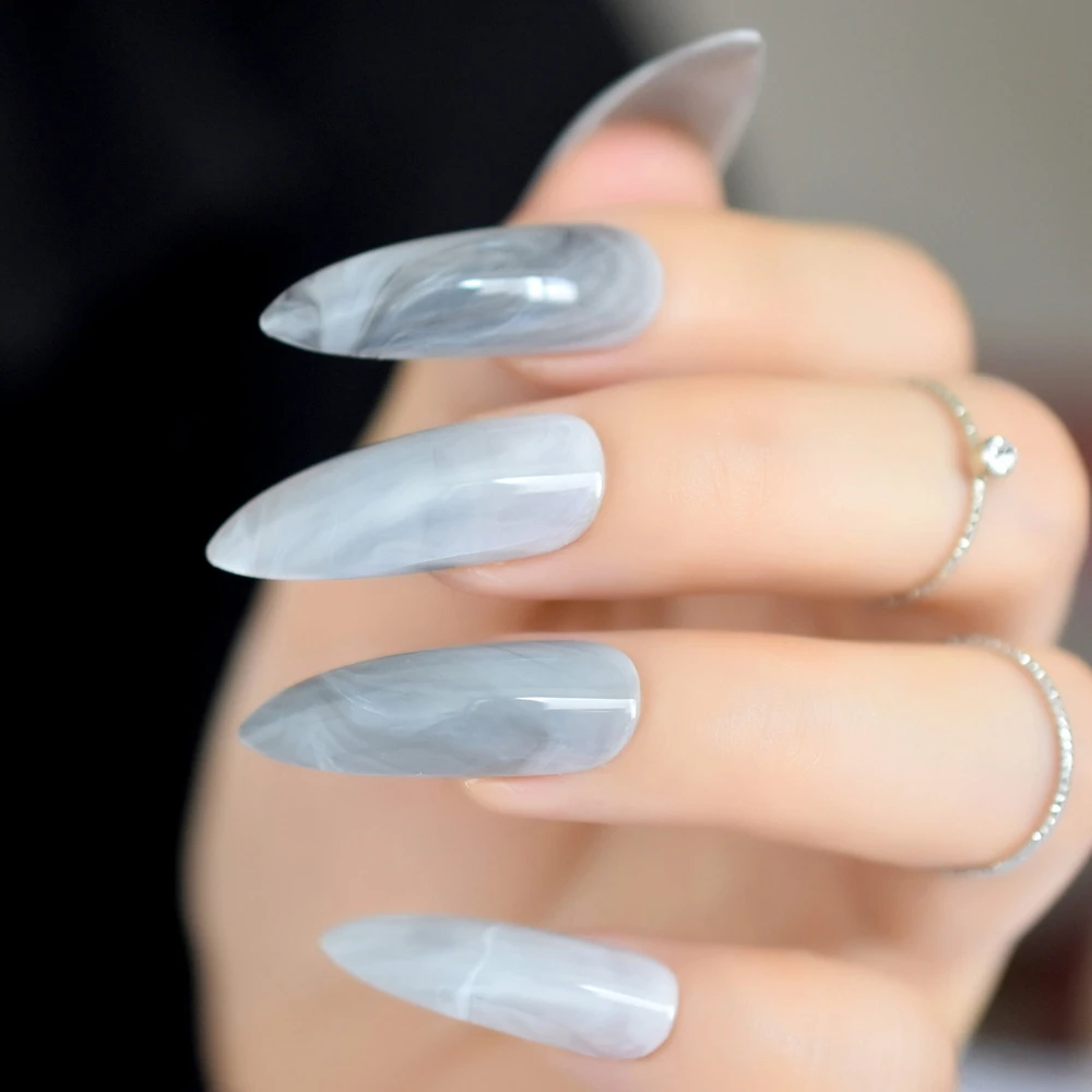 Extra lange grijze marmeren stiletto kunstnagels tips ovaal scherp uiteinde stiletto's nep nagel ABS kunstmatige DIY gel nail art tips