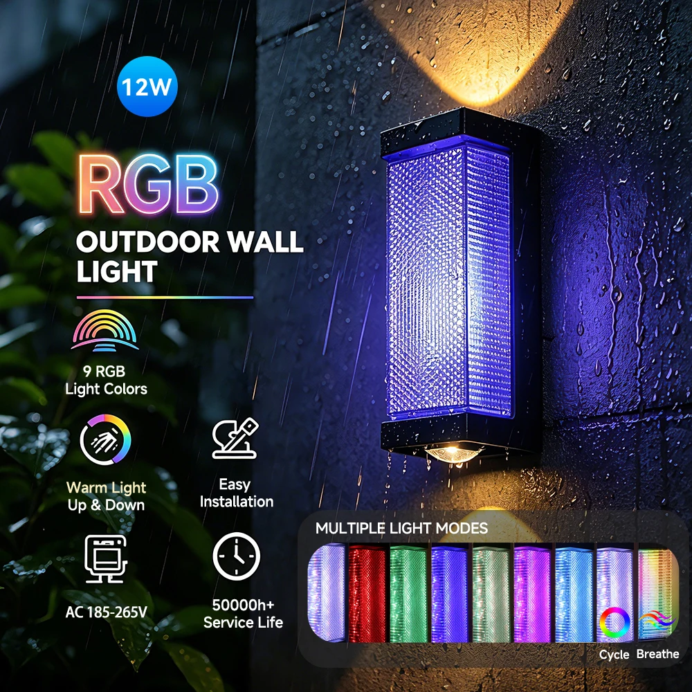 12W Outdoor LED Wall Lamp IP65 Waterproof AC85-265V RGB & Warm White Light Exterior Wall Sconce Light Fixture For Garden Balcony