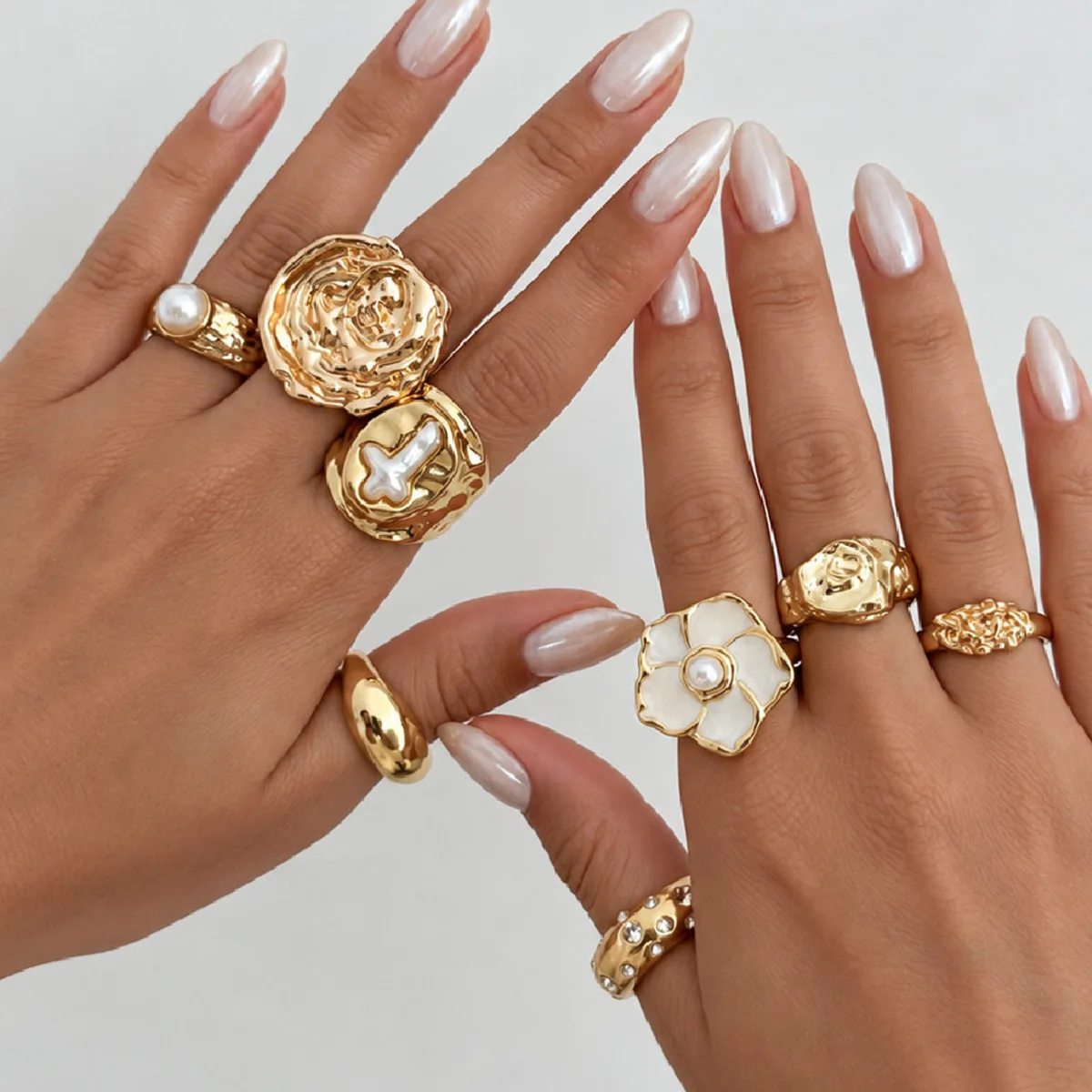 8pcs/set Fashion Metal Pleated Irregular Rings for women Versatile Drip Oil Flower Imitation Pearl Cross Ring Charm Jewelry Set