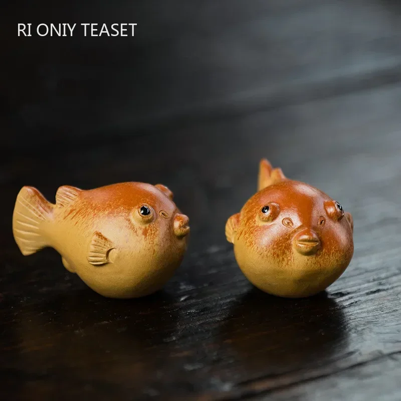 Cute Puffer Fish Statue Ornaments Chinese Yixing Purple Clay Tea Pet Handmade Sculpture Crafts Boutique Tea Set Decoration Art