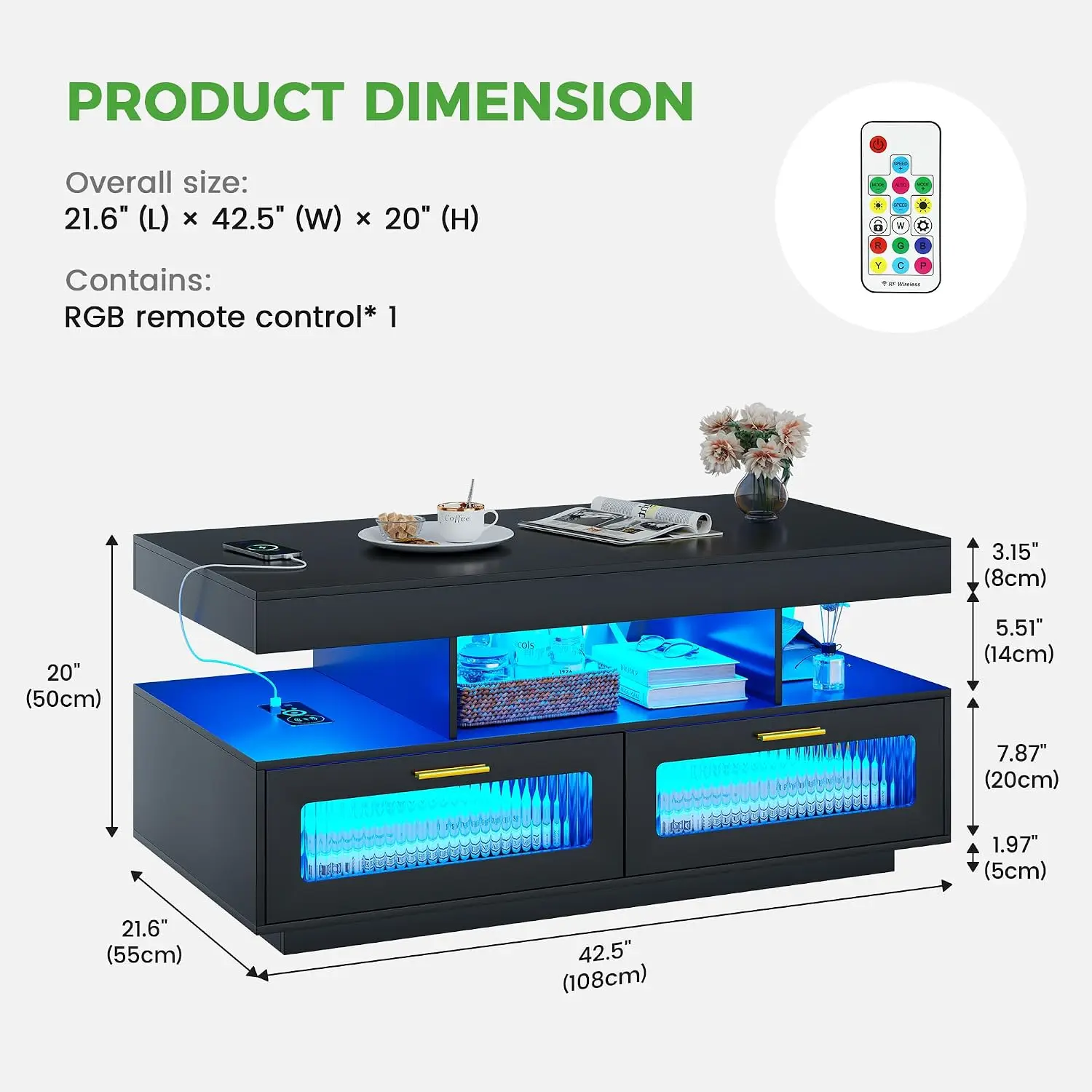 LED Coffee Table with Charging Station for Living Room Living Room Furniture Black, Customized
