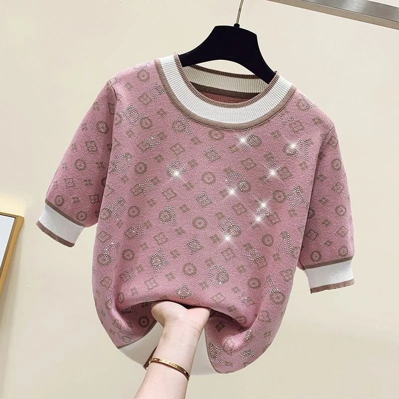 2023 Lente Zomer Vrouwen Trui Mode Korte Mouw Trui Vrouwelijke Gebreide Glitter Stenen T-shirt Femme Vintage Slanke Zomer Tops