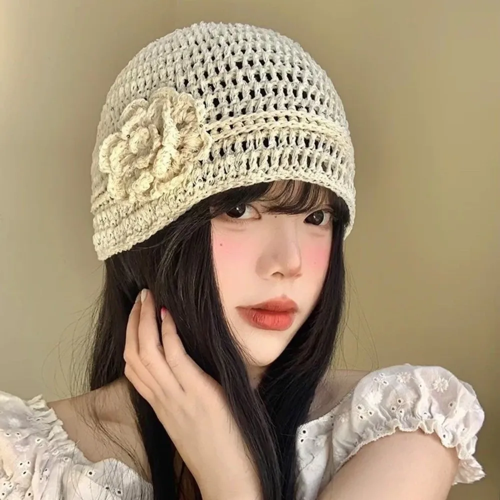 

Korean Hand-woven Flower Knitted Caps Hollow Versatile Sequin Crochet Hat Y2k Thin Beanies Cap Streetwear