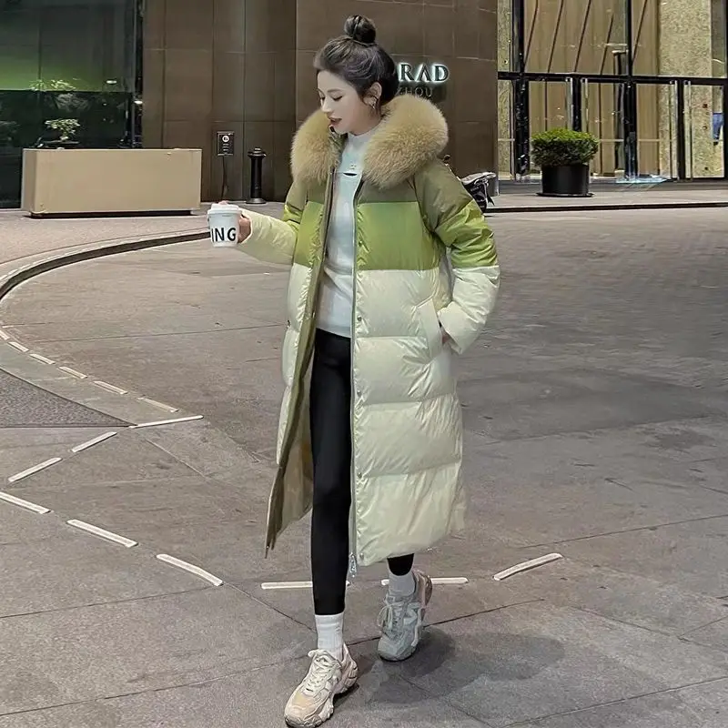 Winter Long Natural Fur Collar Patchwork Down Jacket Female Hooded Warm Outwears Women White Duck Down Parker Knee Length Jacket