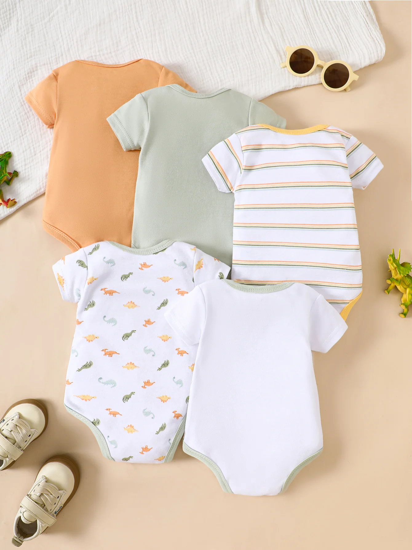 Baby Boy 5‑Pack Short Sleeve Bodysuits Set Dinosaur Print & Embroidery Newborn Summer One‑Piece Outfits