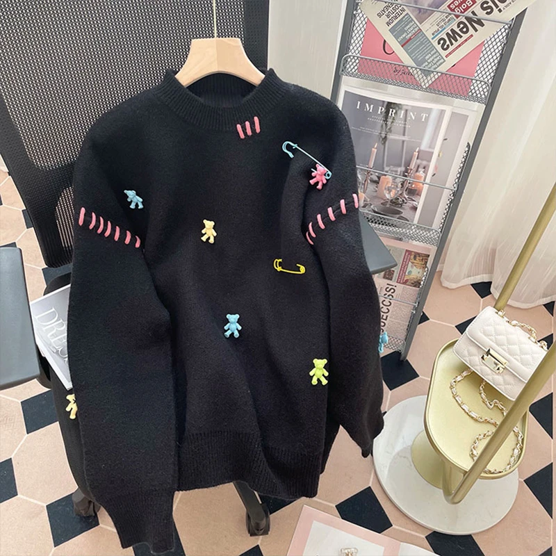 Chic Bear Pin Sweaters Women Loose Vintage Pullovers Round Neck Harajuku Kawaii Knitwear Autumn Winter Korean Goth Punk O229