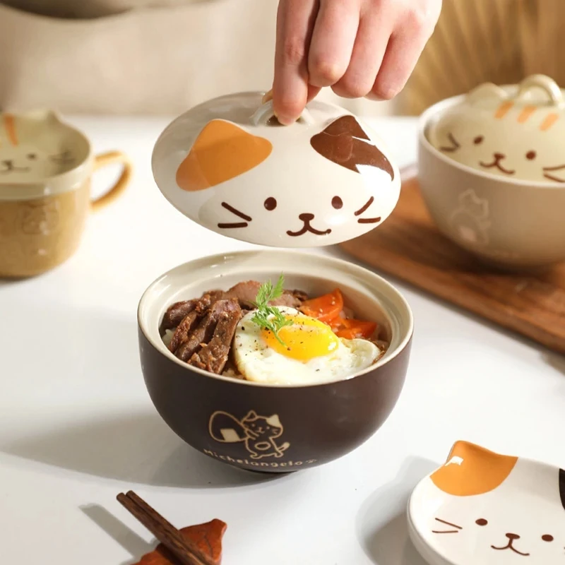 550ml Cartoon Cat Ceramic Instant Noodle Bowl With Lid Underglaze Color Soup Salad Bowl Kitchen Office Student Lunch Box
