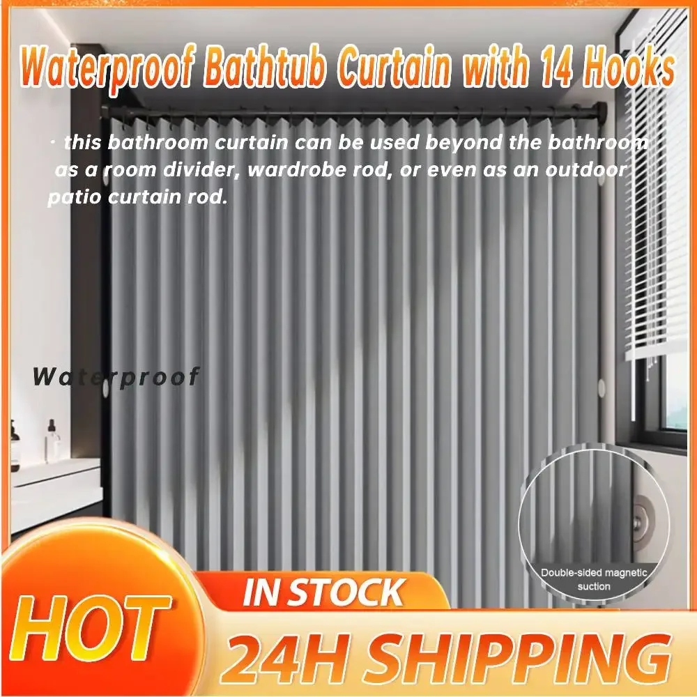 

1-2PCS Foldable Waterproof Magnetic Shower Curtain with 14 Hooks Bathtub Curtain Modern Privacy Bathroom Divider for Bathroom