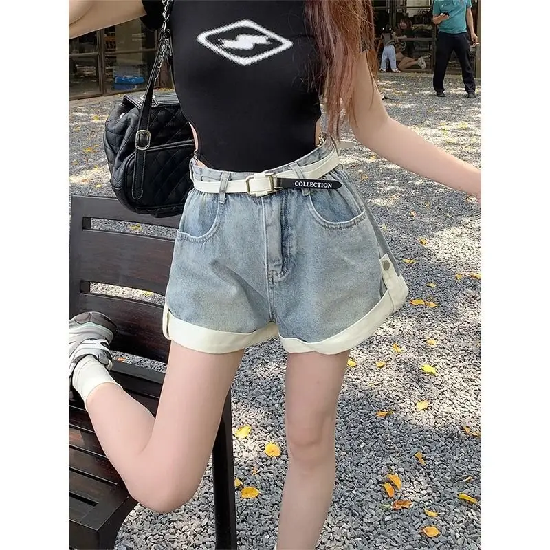 

Simplicity Office Lady Denim Shorts Women Summer Fashion Trend Contrasting Colors Wide Leg High Waist Appear Thin Casual Shorts