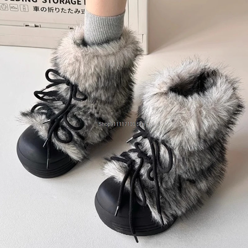 2024 Winter Snow Boots Women Ski Boots Luxury Fluffy Furry Fur Mid Claf Boots Female Lace Up Warm Plush Platform Cotton Boots