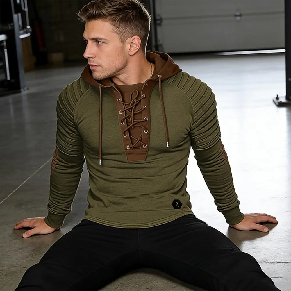 

Comfortable Hooded Sweatshirt Men's Hooded Sweatshirt Pullover Lace-up Patchwork Long Sleeve Top Casual Sports Streetwear
