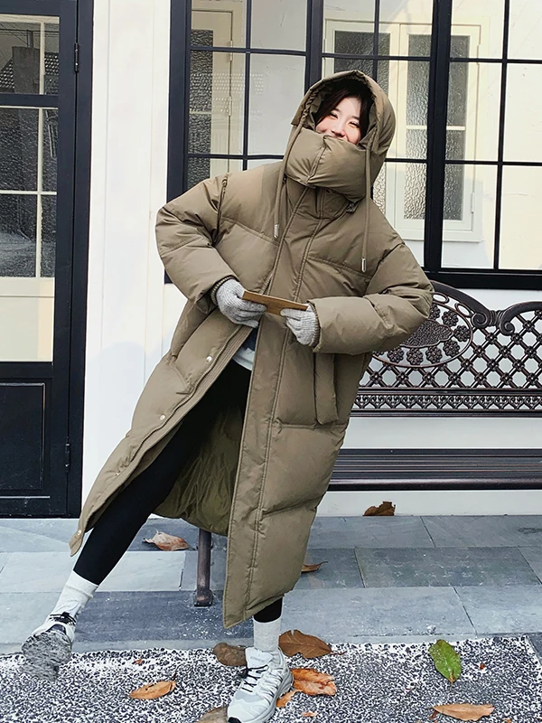 

Trendy Long Over-Knee Women's Puffer Jaet Bread Sle Du down Coat Thi Warm 90% White Du Feather Casual Loose Fit