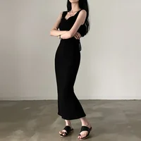 Myufon Basic Knit Long Dress Korean Fashion Square Collar Sleeveless Women's Dresses Summer Casual Y2k Vintage All-match Outftis - Image 4