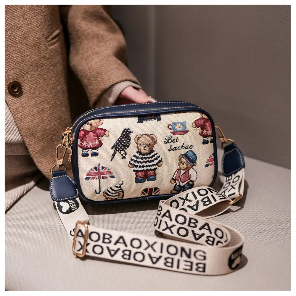 

Beibaobao 2025 New Handbag Women's Cartoon Bear Canvas Casual Mobile Wallet Trendy Single Shoulder Crossbody Bag