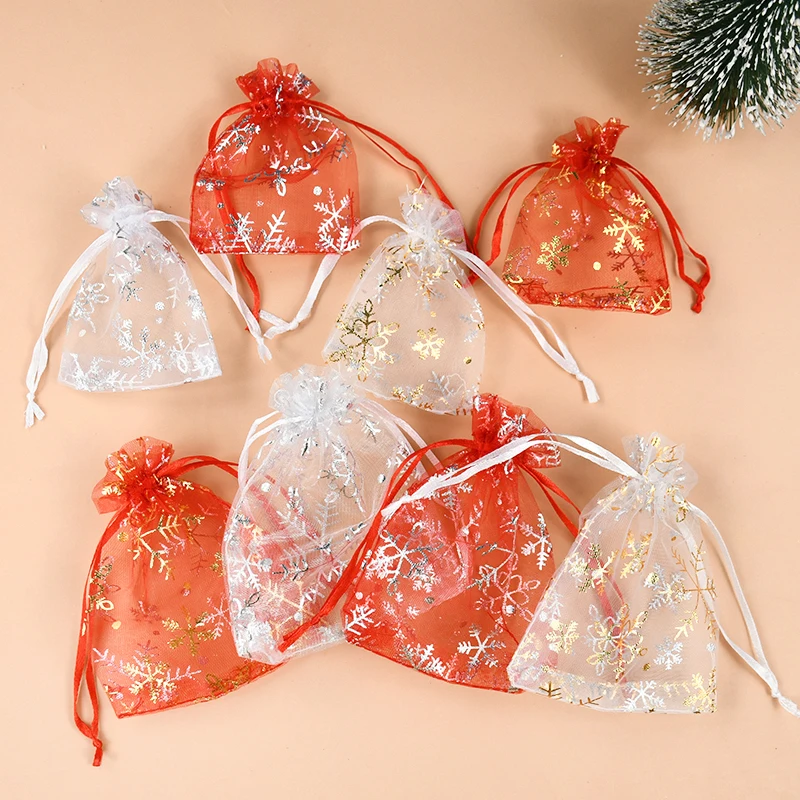 10Pcs Snowflake Flower Printed Organza Gift Bag Christmas Drawstring Pouches Candy Jewelry Packaging Bag New Year Party Gifts