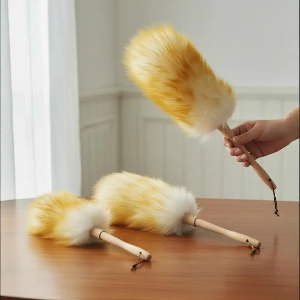 Washable Wool Duster Soft Brush Long Handle Multipurpose Cleaning Tools Anti Static Wooden Handle Wool Dust Collector