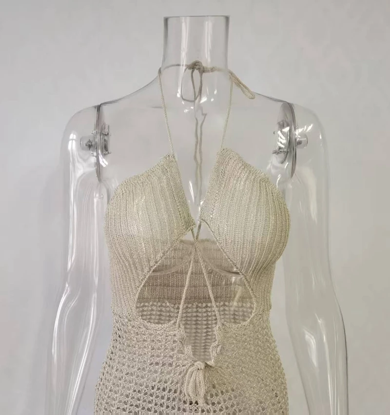 섹시한 홀터 비치 커버업, 사롱 수영복, 여름 비키니 커버업, 쉬어 크로셰 수영복, 니트 롱 원피스 클럽웨어