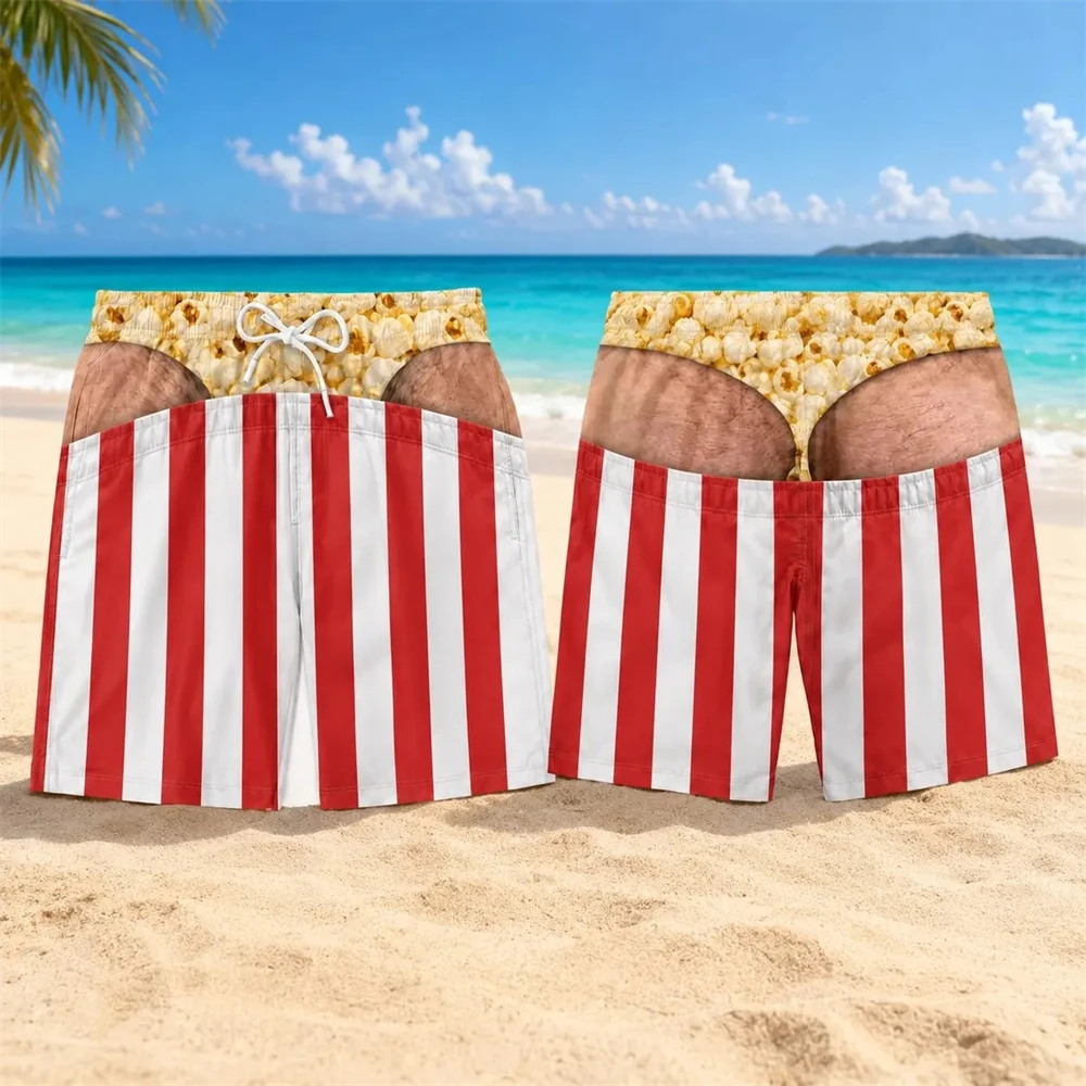 2026 Summer Hot Selling Men Funny Snack‑Themed Board Shorts Popcorn Chocolate Waffle Graphic Quick Dry Prank Swimwear Party Gift