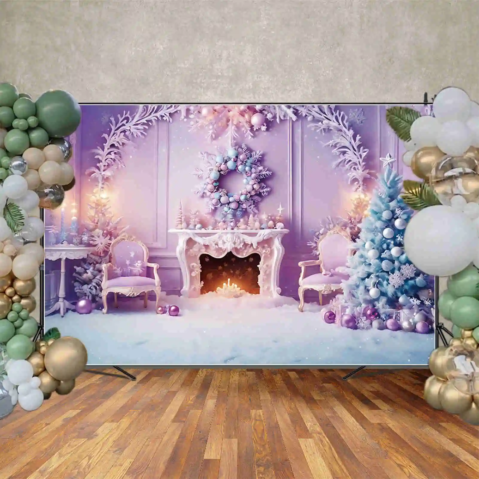 MOON.QG 2024 perapian Natal latar belakang pohon Natal latar belakang karangan bunga salju ornamen pohon latar belakang pesta alat peraga panggilan foto