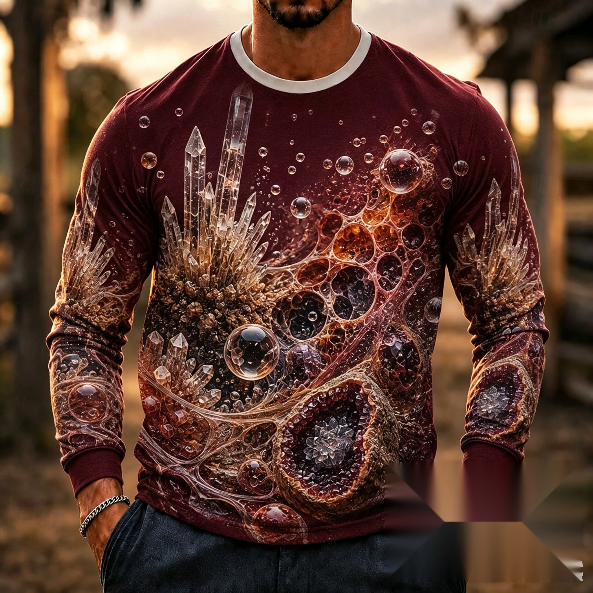 Men 3D Ocean Turtle Jellyfish Crystal Mushroom Print Long Sleeve T Shirt Nature Graphic Casual Long Sleeve Tops