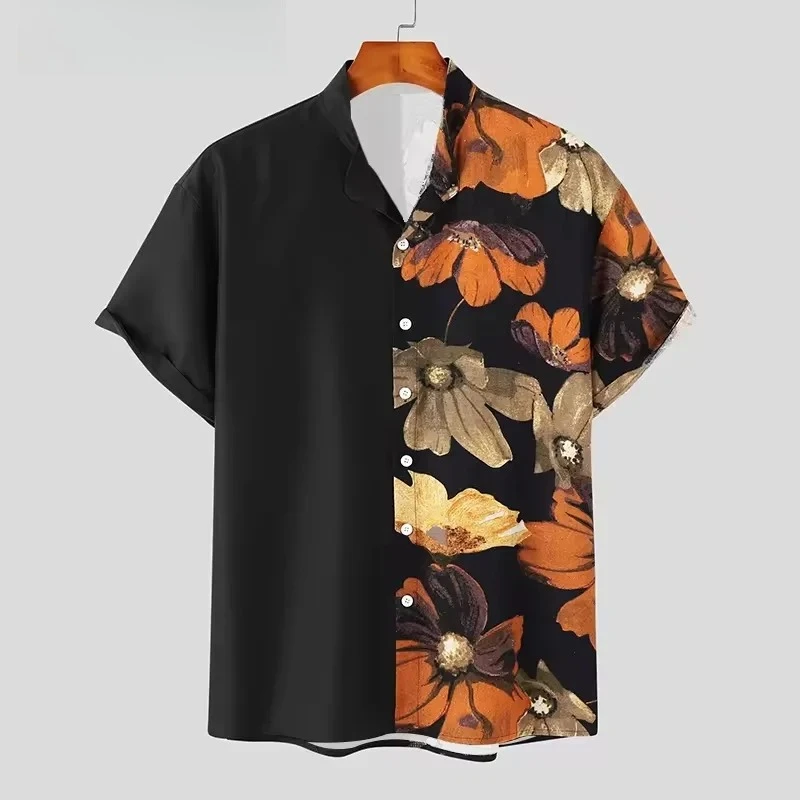 Small Niche Left and Right Splicing Design, Retro Flower Print Men's Short Sleeved Shirt, Summer Breathable Shirt
