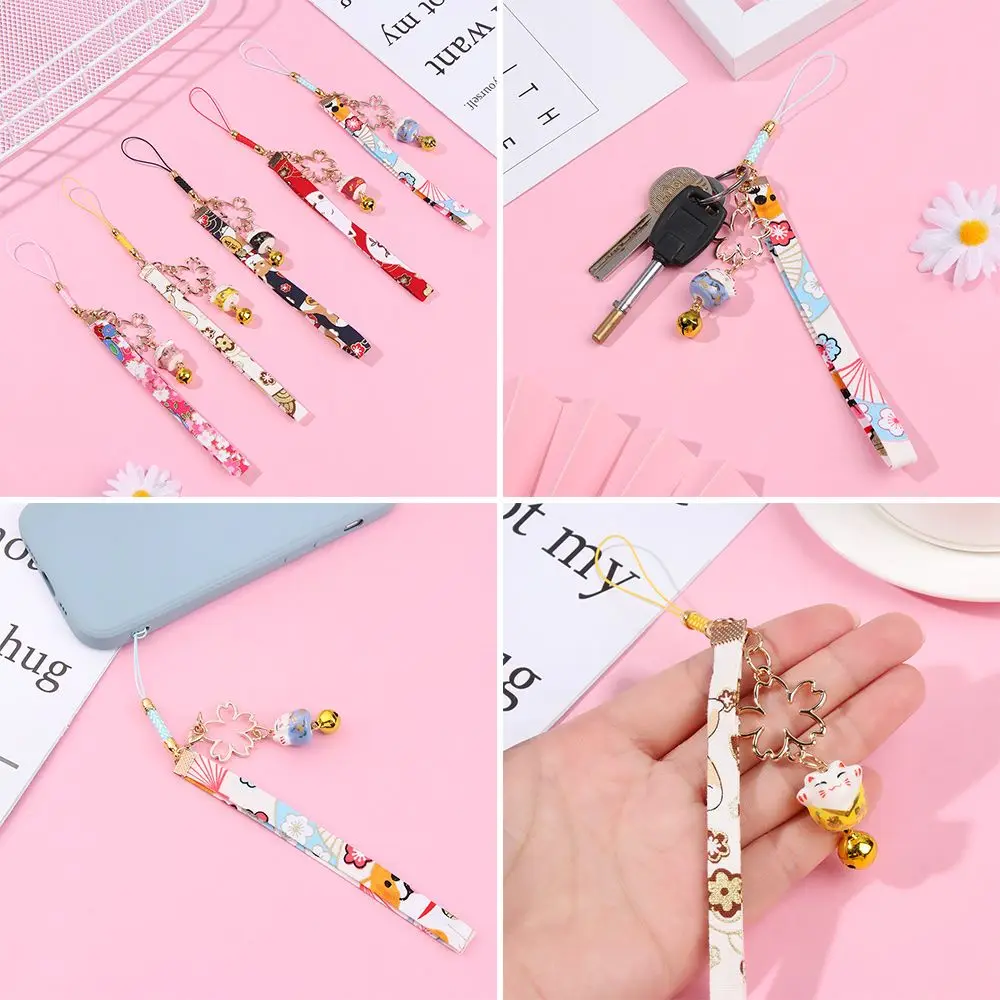 Lanyard Bells Lucky Cat Hang Rope Anti-lost Lanyard Keychain Wrist Rope Lucky Cat Bell Sakura Phone Lanyard Phone Strap Lanyard