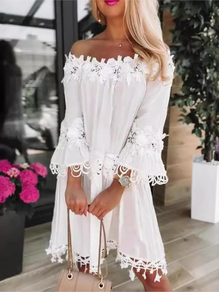 

Lady Sexy Lace Dress Fashion Three Quarter Slash Neck Loose Dresses For Women Casual Holiday Party Skirts Womens Clothing Summer