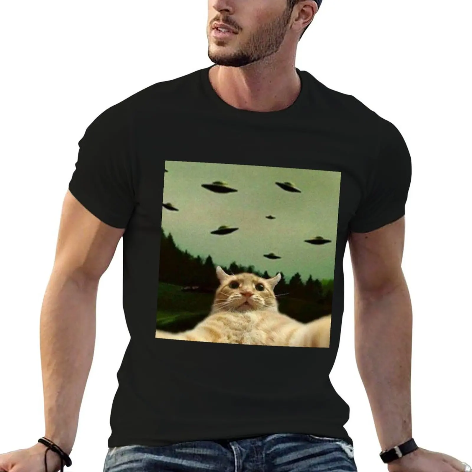 cat selfie with ufo T-Shirt tees plus size clothes heavyweight t shirts for men
