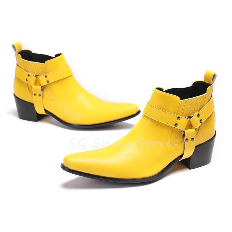 

High Top Genuine Leather Belt Buckle Chelsea Boots Retro Male Pointed Toe Chunky Heel Business Formal Dress Shoes