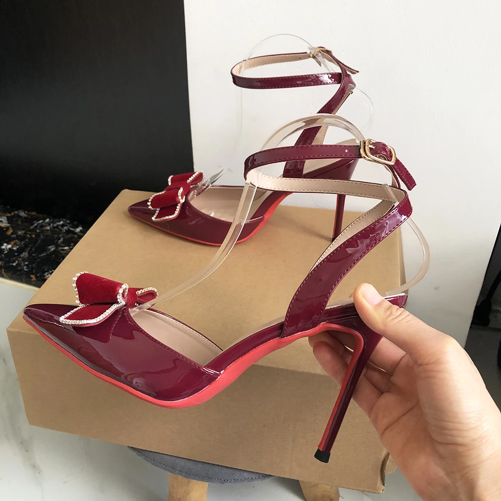 Heelgoo Designer Wine Red  With Bow High Heel Sandals Women's Sexy Pointy Toe Backless Ankle Strap Stiletto Pumps 12cm 10cm 8cm