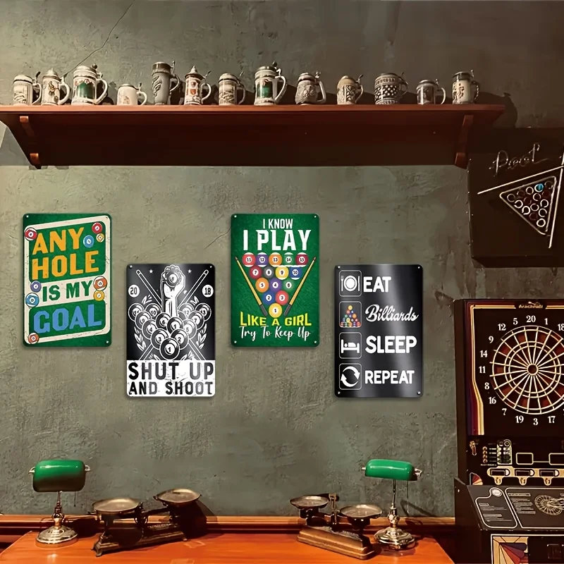 [2D Flat] Vintage Billiards iron Sign Set, 4pcs - Vintage Bar Decor, Includes Humorous Quotes And Colorful Artwork