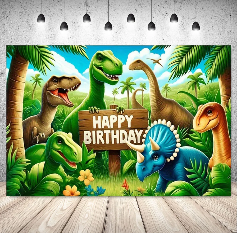 Cartoon Dinosaur Photography Backdrop Kids 1st Birthday Jurassic World Dino Banner Background Green Leave Photo Studio Props