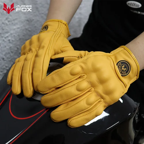 Imagen 2 del producto Guantes clásicos de piel de cabra Vinatge para motocicleta, Guantes de verano de cuero perforado para motocicleta y Motocross, Guantes para motociclista y bicicleta