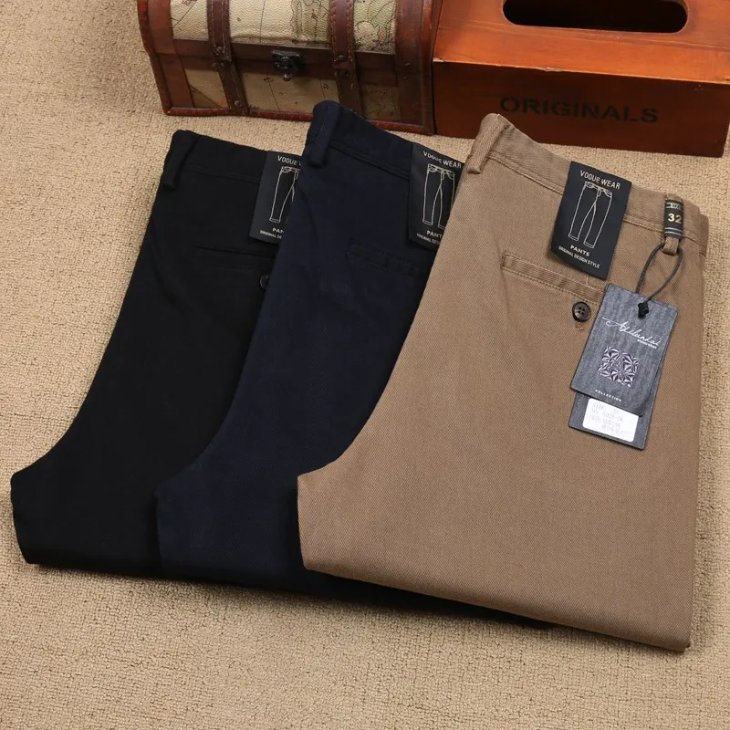 

Busin Casual Men's Cotton Rayon Elastic Pants mid Waist Straight Leg Brued Warm Winter Trousers for Office And Leisure