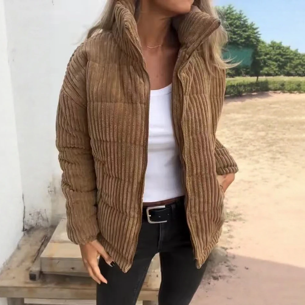 سترة سروال قصير نسائية للخريف والشتاء بأكمام قصيرة وقميص طويل وياقة واقفة وتصميم جيب محطة تجارية مستقلة #3