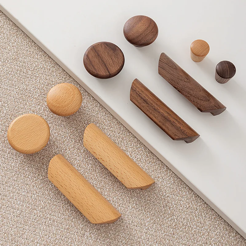 Natural Wood-Colored Solid Wood Handle Cabinet Pulls for Kitchen Wardrobes Drawers Wooden Black Walnut Simple Door Knob