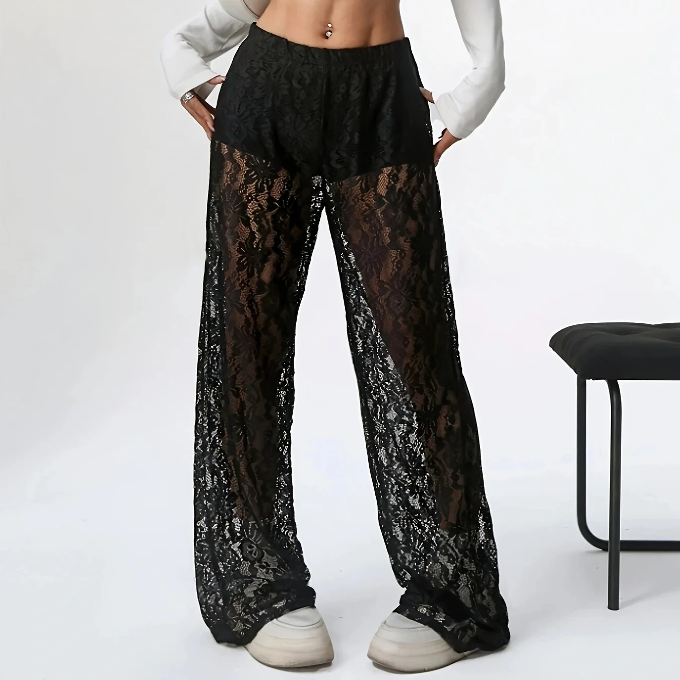 

2025 Summer New Product Fashion Personalized Solid Color Lace Jacquard Micro Transparent Splicing Straight Casual Pants