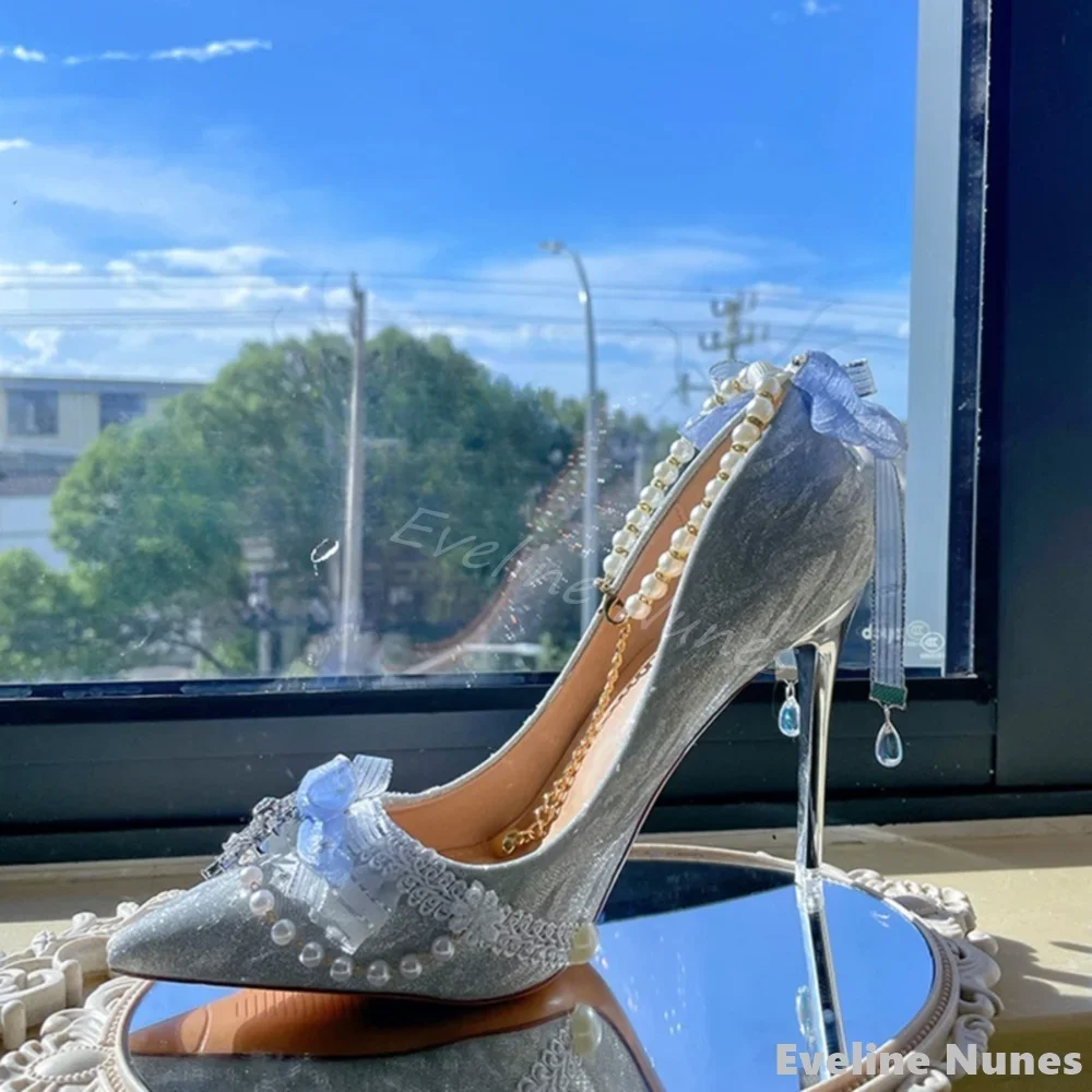 Shiny Rhinestone Chain Lolita Pumps Women Pointed Toe Lace Ankle Buckle Sexy Stiletto Heels Spring Party Wedding Fashion Pumps