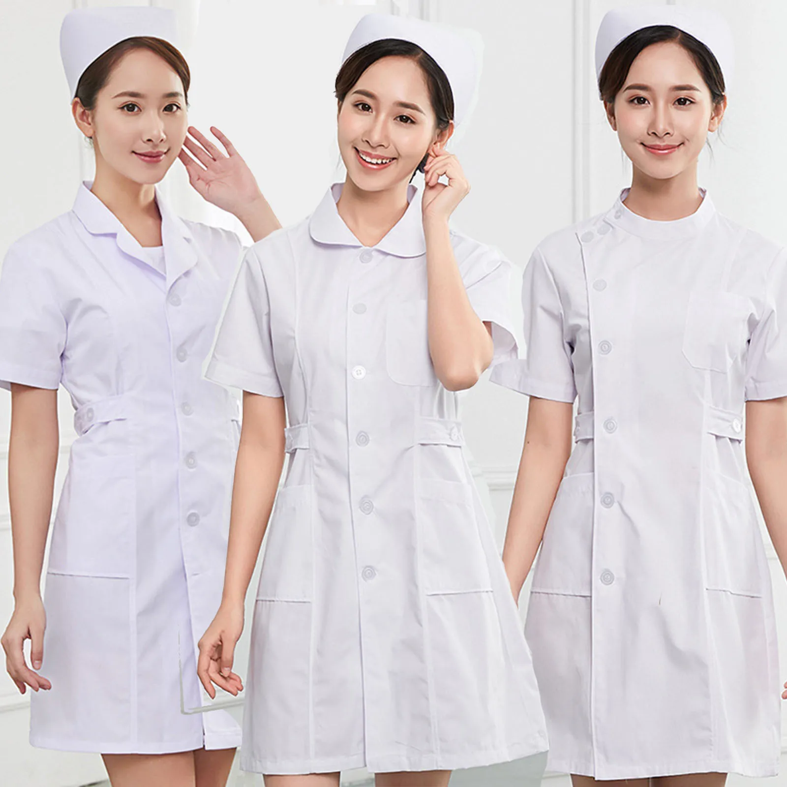 Quality White Long Coat Nurse Uniform Women Short Sleeved Pink Blue Pharmacy Workwear Pet Beauty Salon Oversized White Coat